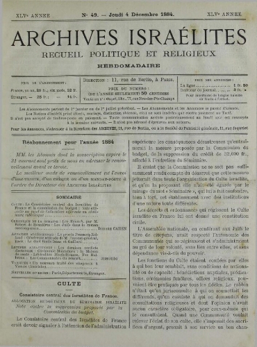 Archives israélites de France. Vol.45 N°49 (04 déc. 1884)